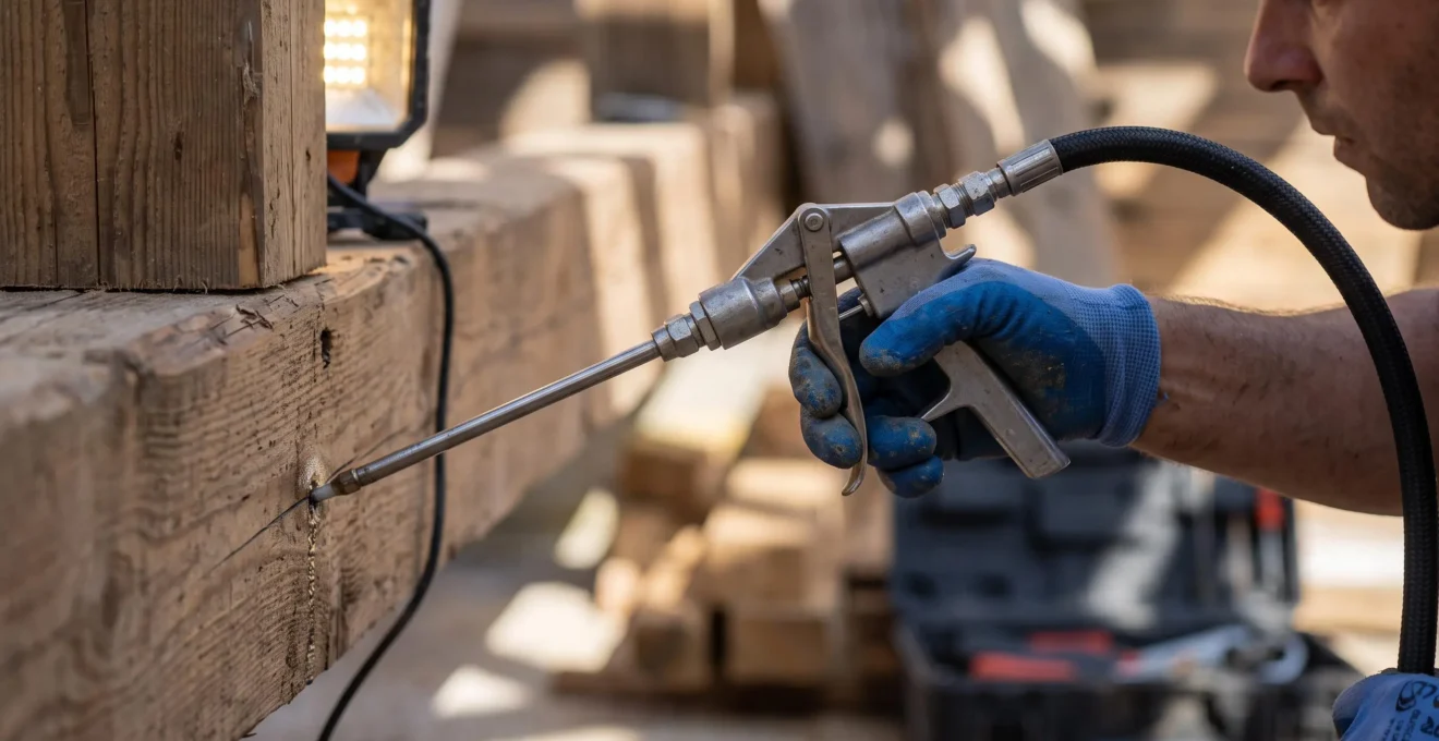 Main gantée de technicien utilisant pistolet d'injection haute pression pour traiter une poutre en bois contre le capricorne, embout inséré dans le bois avec trace d'injection visible