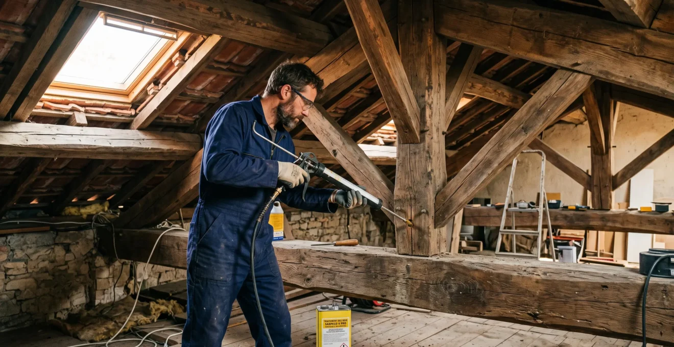Technicien certifié en combinaison de protection inspectant une charpente en bois avec une sonde de sondage, équipement d'injection et produit biocide visibles, dans des combles éclairés par lumière naturelle