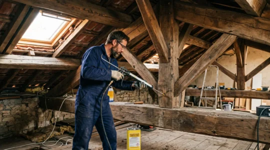 Technicien certifié en combinaison de protection inspectant une charpente en bois avec une sonde de sondage, équipement d'injection et produit biocide visibles, dans des combles éclairés par lumière naturelle